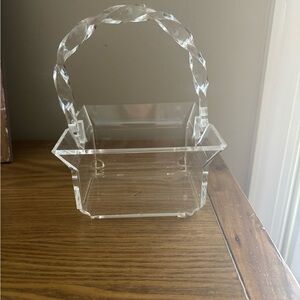 Vintage Lucite Clear Basket Caddy Twisted Handle Napkin Holder Silverware Holder